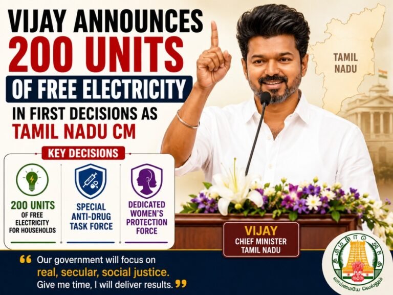 Vijay Announces 200 Units of Free Electricity in First Decisions as Tamil Nadu CM